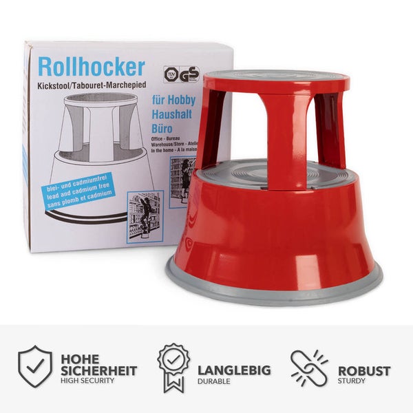 FLOORDIREKT Rollhocker - Elefantenfuß - aus Stahl - Mobiler Tritthocker - Sitzmöglichkeit für Büro und Gewerbe - Rot