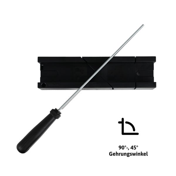 Gehrungslade aus Kunststoff mit Handsäge für Gehrungswinkel von 45 Grad und 90 Grad.