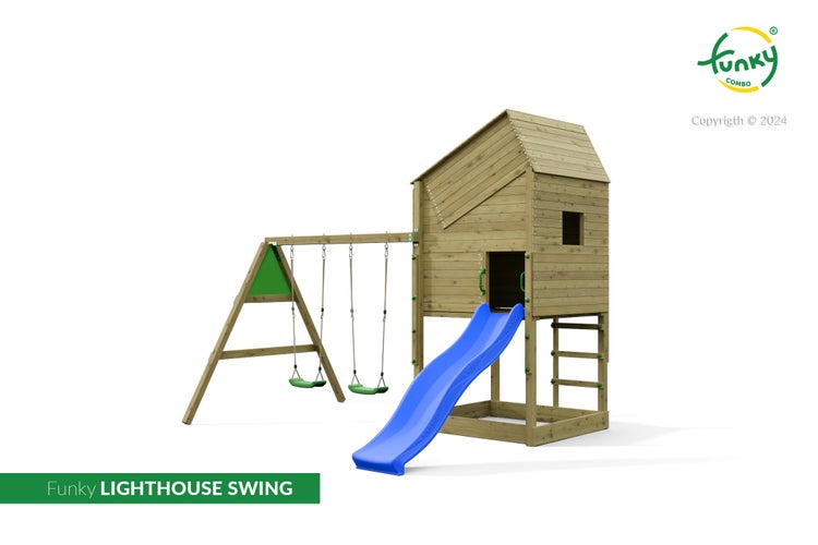 Spielturm Funky LIGHTHOUSE SWING aus Holz mit Spielhaus, blauer Rutsche und Doppelschaukel mit grünen Sitzen.