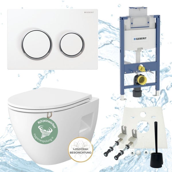 Geberit Wand-WC-Set mit Duofix Spülkasten, Sigma01 Platte, Toilette mit LotusClean Beschichtung, Hygienespülung und Zubehör.