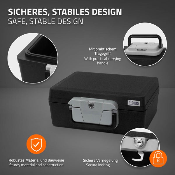 ECD Germany Dokumentenbox DIN A4, 39x33x16 cm 7L, Feuerfeste wasserdichte Dokumentenkassette, Sicherheitskoffer für Dokumente, Sicherheitskassette abschließbar 2 Schlüssel, Geldkassette mit Tragegriff
