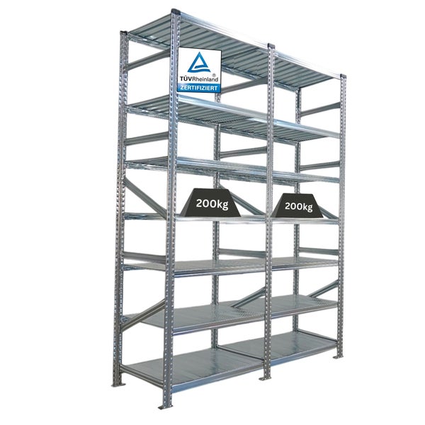 Metallregal mit TÜV Rheinland Zertifizierung und Gewichtsangabe 200 Kilogramm