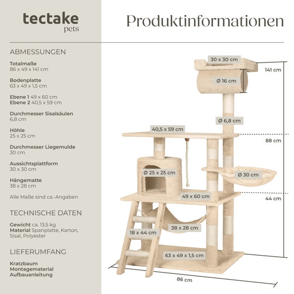 Kratzbaum tectake Stokeley inklusive Spielkordel und Kippschutz 141 cm beige