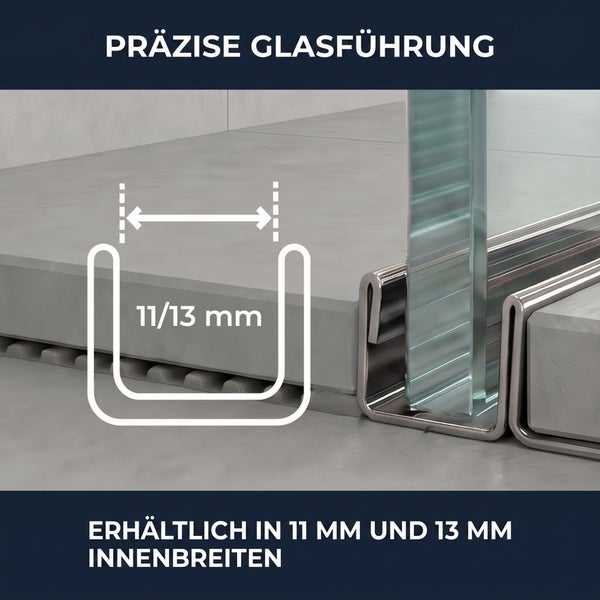 Präzise Glasführung im Metallprofil für Duschen, erhältlich in 11 Millimeter und 13 Millimeter Innenbreiten.