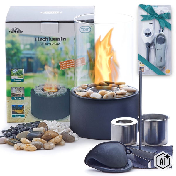 Bio-Ethanol Tischkamin Set mit Glaszylinder, Dekosteinen, zwei Brennkammern und Stabfeuerzeug in der Verpackung.