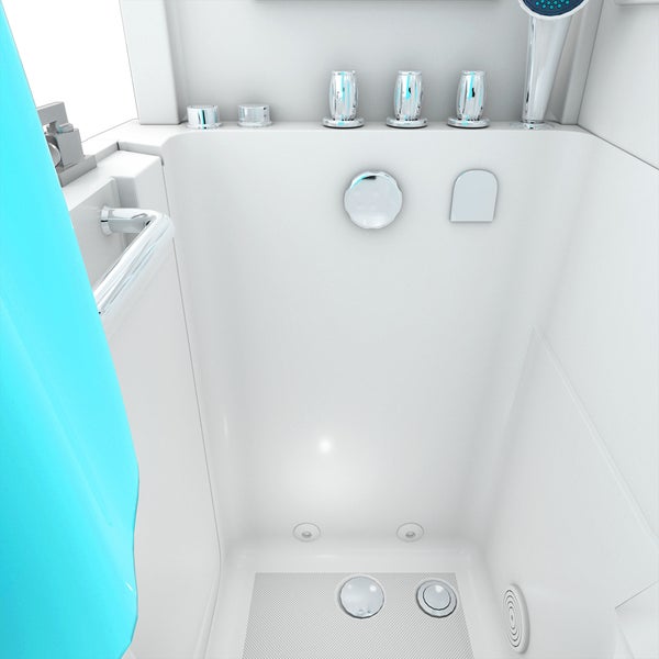 Moderne Sitzbadewanne mit Armaturen, Handbrause, Haltegriff und rutschhemmendem Boden.