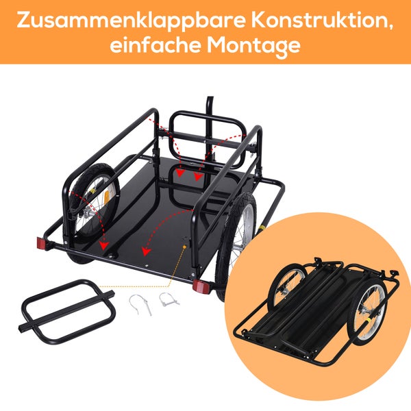 HOMCOM Fahrradanhänger, Lastenanhänger, 40 kg Belastbarkeit, klappbar, 155 x 71,5 x 77 cm, Stahl, Gummi, Schwarz