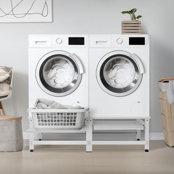 ML-Design Doppel Waschmaschinen-Untergestell mit 2 ausziehbaren Ablagen, Weiß, aus Stahl, bis 2x 150kg+10 kg, verstellbare Füße, Waschmaschinensockel 2-Fach, Doppeluntergestell Doppelpodest Erhöhung