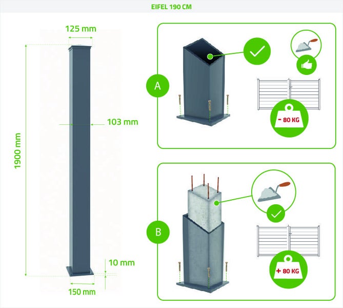 Set mit 4 EIFEL 10x10 Aluminiumpfosten H.190cm – Anthrazitgrau