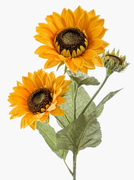 Künstliche Sonnenblume mit Blüte und Knospe aus Textilmaterial.