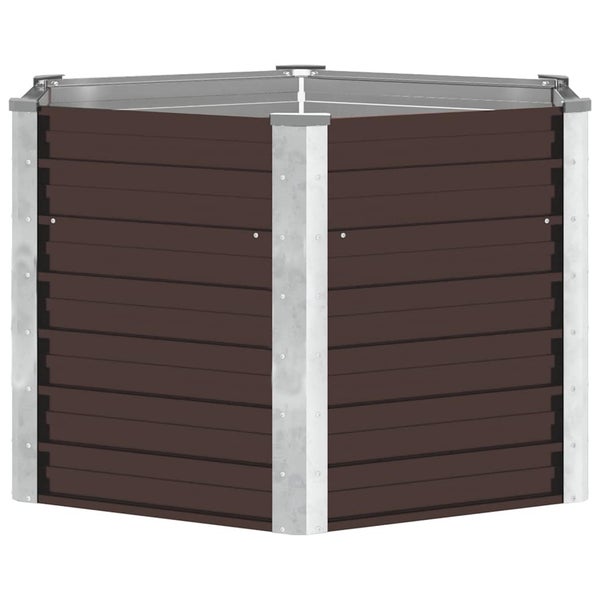 Eck-Hochbeet mit braunen Paneelen und verzinkten Eckprofilen aus Metall.
