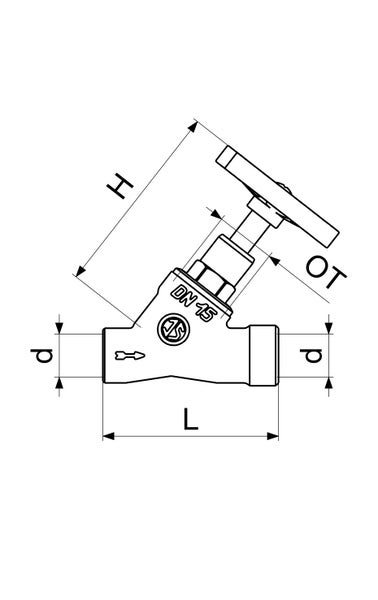Technische Zeichnung eines Schrägsitzventils mit Maßangaben für Länge, Höhe und Durchmesser sowie Markierung Nennweite 15.