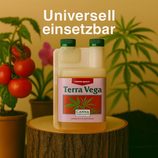 Eine Flasche Canna Terra Vega Pflanzendünger steht auf einem Holzstumpf neben Tomatenpflanzen und einer Hanfpflanze mit dem Text Universell einsetzbar
