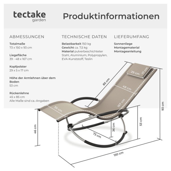 Sonnenliege tectake Paulina 150 x 73 x 93 cm mit Textilene beige