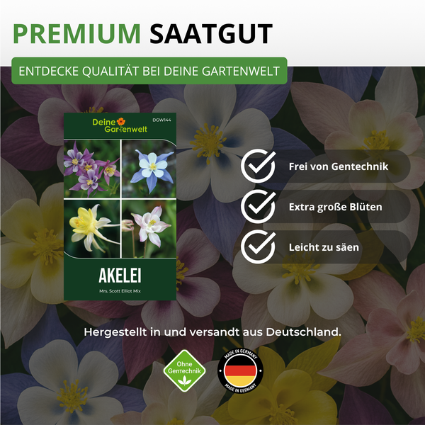 Akelei Premium Saatgutpackung mit dem Hinweis: Frei von Gentechnik, extra große Blüten und leicht zu säen