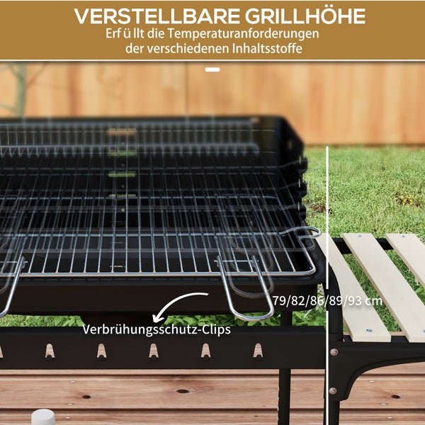 Outsunny Holzkohlegrill aus Metall höheverstellbar Grillrost, BBQ Smoker mit Räder, Holzablage, fahrbar Kohlegrill Grillwagen, Holzkohle Grill für Terrasse Camping, Barbeque, 103x47x95 cm