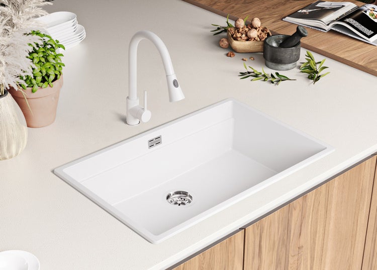 PRIMAGRAN Granitspüle Weiß 76x47cm, Spülbecken 1 Becken + Küchenarmatur 32x20cm + Ablauf-Set + Aufrollbare Abtropffläche, Küchenspüle ab 80er Unterschrank - Praga Slim