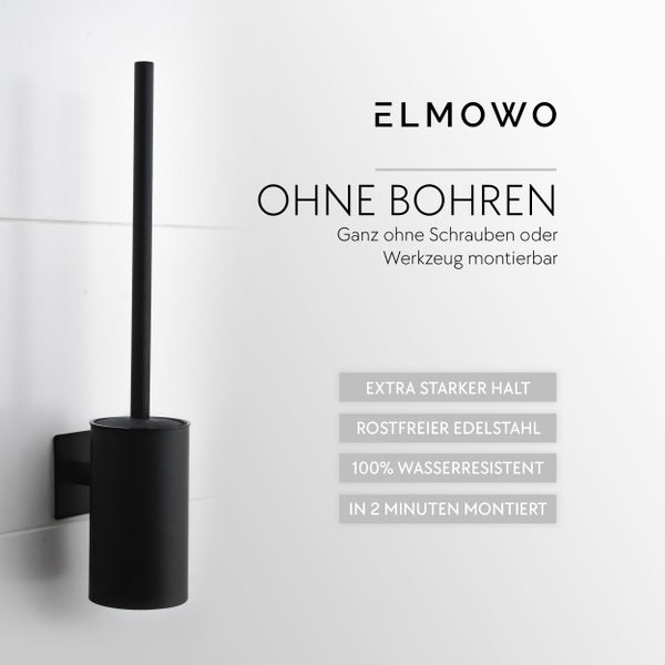 ELMOWO WC Bürstengarnitur zur Wandmontage ohne Bohren aus rostfreiem Edelstahl mit extra starkem Halt und wasserresistenter Oberfläche.