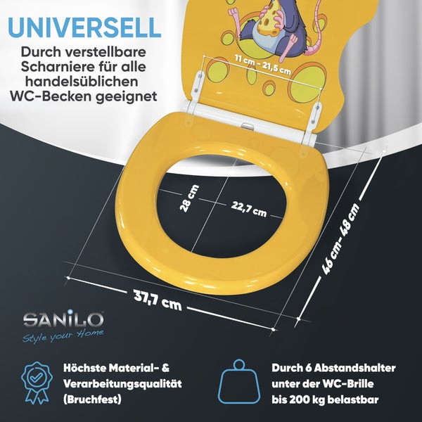 WC-Sitz: 37,7 mal 46 bis 48 Zentimeter. Öffnung 28 mal 22,7 Zentimeter. Scharniere 11 bis 21,5 Zentimeter. Belastbar bis 200 Kilogramm. Sanilo Logo.