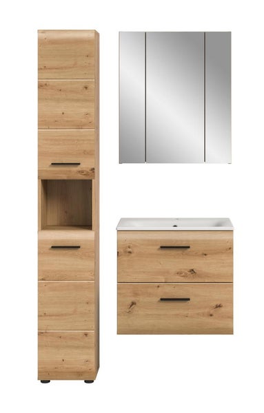 Badezimmermöbel-Set mit Hochschrank, Waschtischunterschrank, weißem Waschbecken und Spiegelschrank in Holzoptik mit schwarzen Griffen.