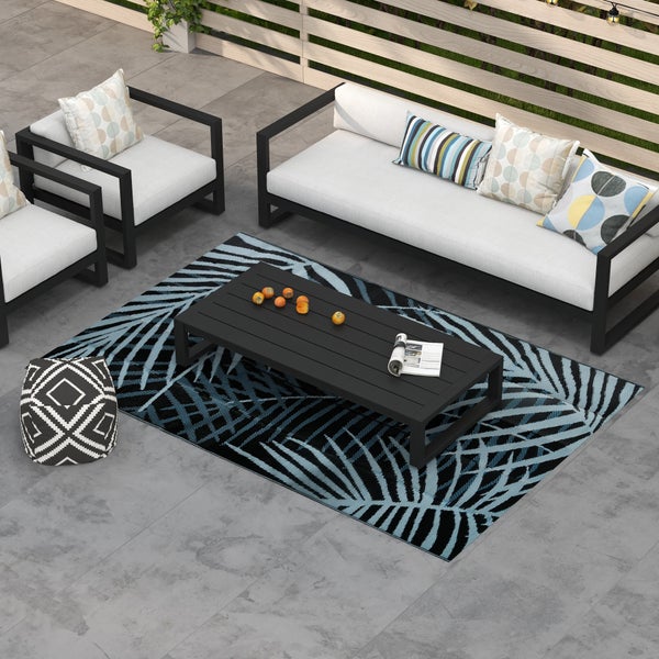 Outsunny Outdoor-Teppich, wasserabweisend  mit Tragetasche, Balkonteppich für Camping, Terrasse, 182 x 274 cm, Kunststoff, Schwarz+Blau