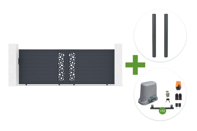 Schiebetor aus Aluminium mit Dekorpaneelen, inklusive zwei Pfosten und elektrischem Torantrieb-Set mit Handsendern.