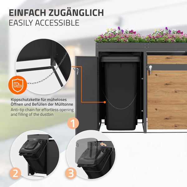 Mülltonnenbox aus Metall mit Pflanzwanne und Kippschutzkette zum einfachen Kippen und Befüllen der Mülltonne.