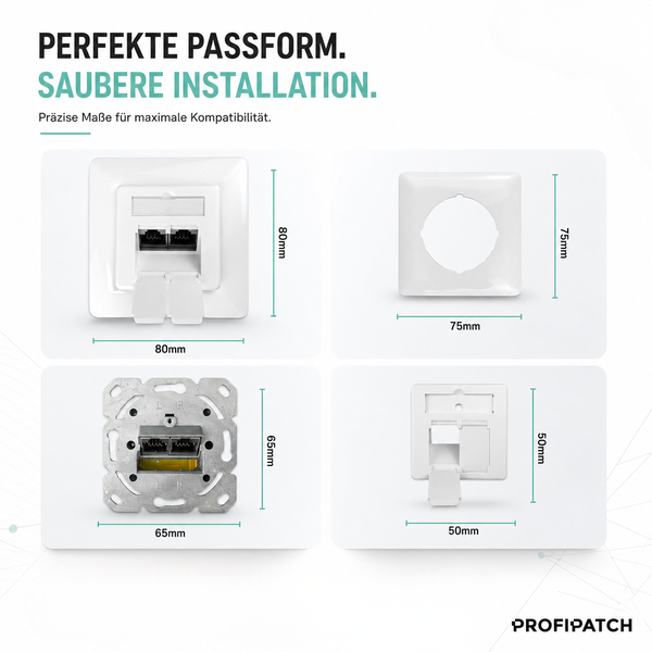 Profipatch Netzwerkdose Abmessungen: Rahmen 80 mal 80 Millimeter, Abdeckung 75 mal 75 Millimeter, Metalleinsatz 65 mal 65 Millimeter.