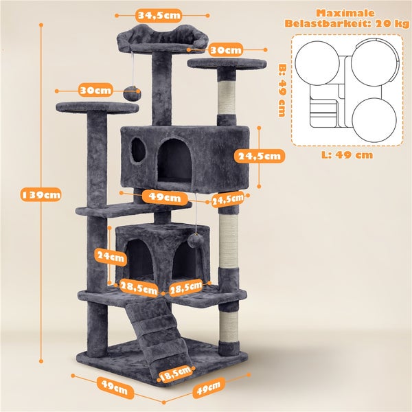 Grauer Kratzbaum mit verschiedenen Ebenen und Höhlen sowie Größenangaben