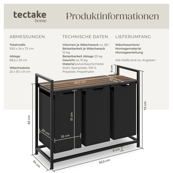 Wäschewagen mit drei Wäschekörben und Ablage mit Maßangaben