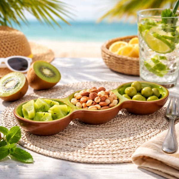Dreigeteilte Keramikschale mit Kiwi, Nüssen und Oliven auf geflochtenem Tischset. Helle, organisierte Strandszene mit Sommeraccessoires und Getränk.