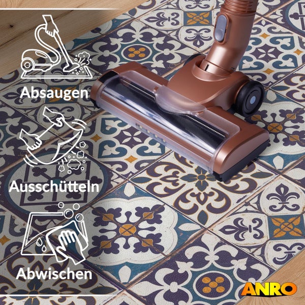 Bodenmatte mit Ornamentmuster wird abgesaugt. Symbole zeigen Reinigungshinweise: absaugen, ausschütteln und abwischen. ANRO Logo.