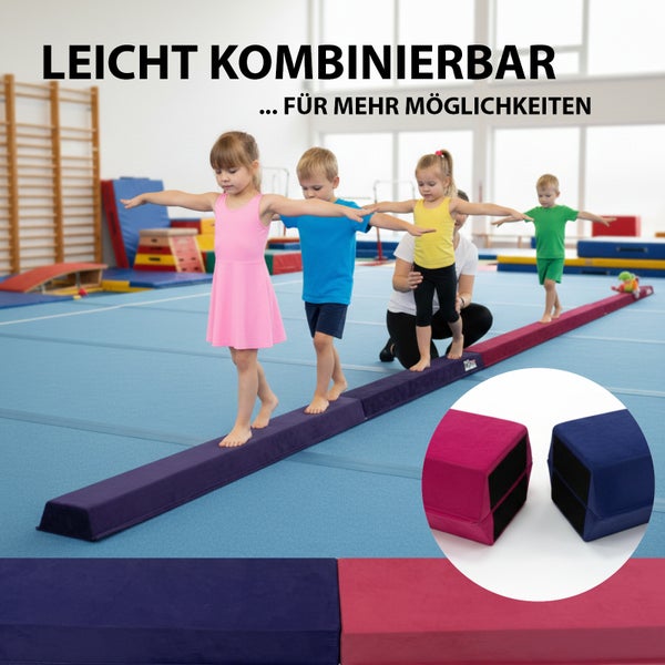 Klappbarer Schwebebalken in einer Sporthalle, Länge circa 270 Zentimeter, Klapplänge 135 Zentimeter, Höhe 6 Zentimeter, Tragkraft 100 Kilogramm.