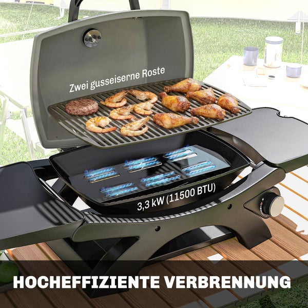 Gasgrill mit zwei gusseisernen Rosten, 3,3 Kilowatt Leistung und hocheffizienter Verbrennung, Grillgut über Gasflammen.