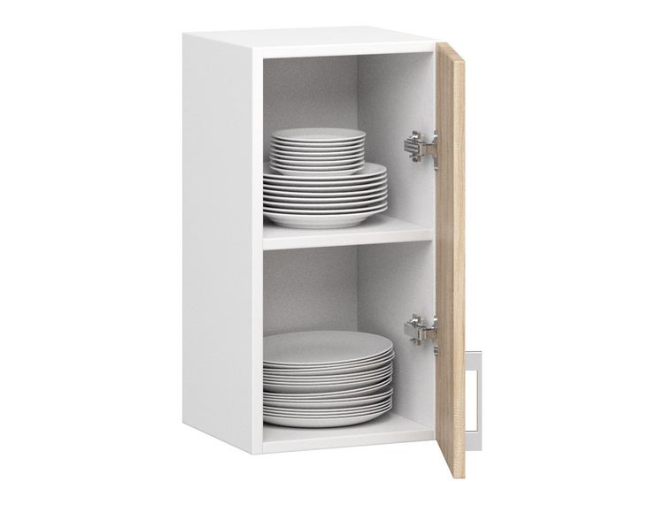 Hängeschrank mit Fächern und Geschirr