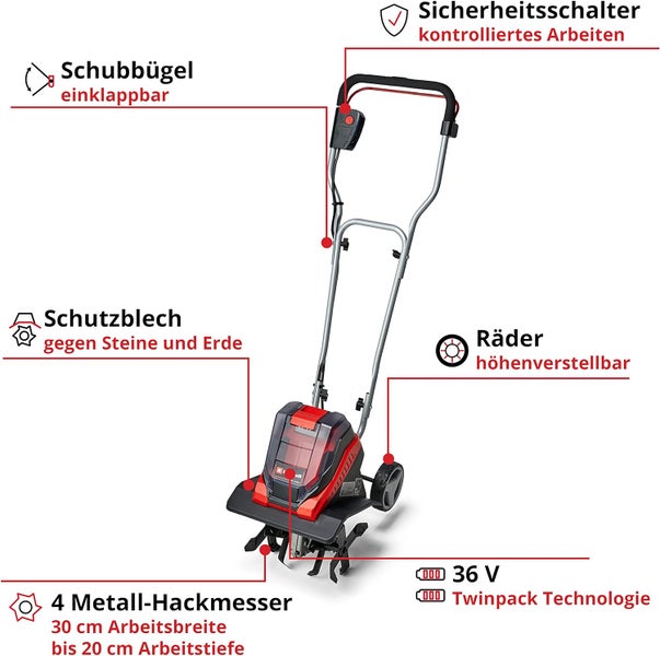Akku-Bodenhacke mit einklappbarem Schubbügel, Sicherheitsschalter, verstellbaren Rädern, 4 Metall-Hackmessern und 36 Volt Twinpack Technologie.