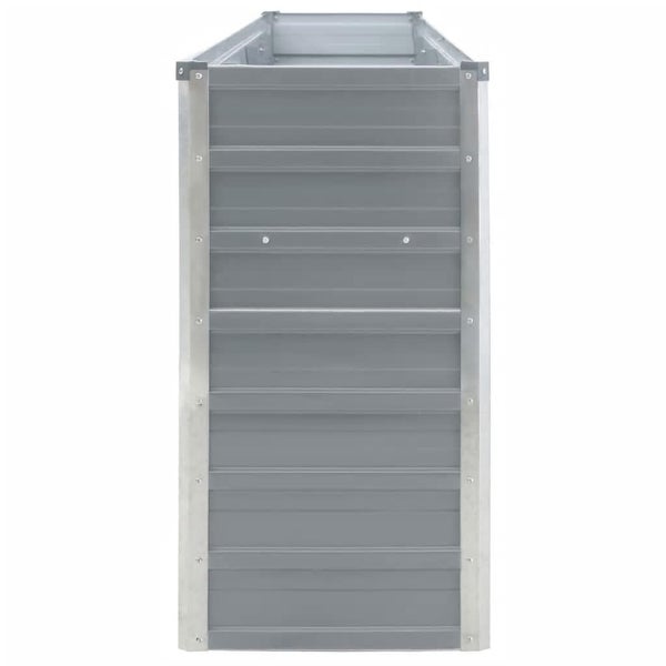 Hochbeet aus Metall mit geriffelten Seitenwänden und Eckverstärkungen.