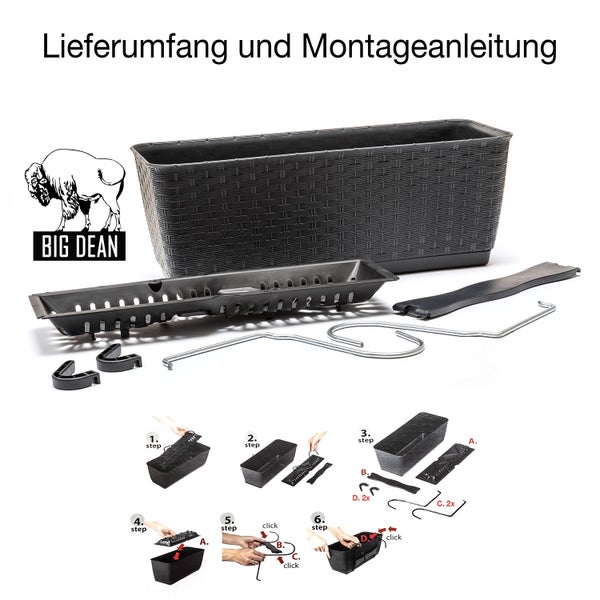 BigDean 6er Set Blumenkästen für Balkon-Geländer - Rattan-Optik - Anthrazit - Balkonkästen mit Metall-Halterung - 39 x 15,5 x 14 cm - inkl. Bewässerungssystem