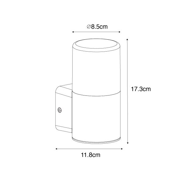 Maßskizze für zylinderförmige Außenwandleuchte: Höhe 17,3 Zentimeter, Durchmesser 8,5 Zentimeter, Gesamttiefe 11,8 Zentimeter.