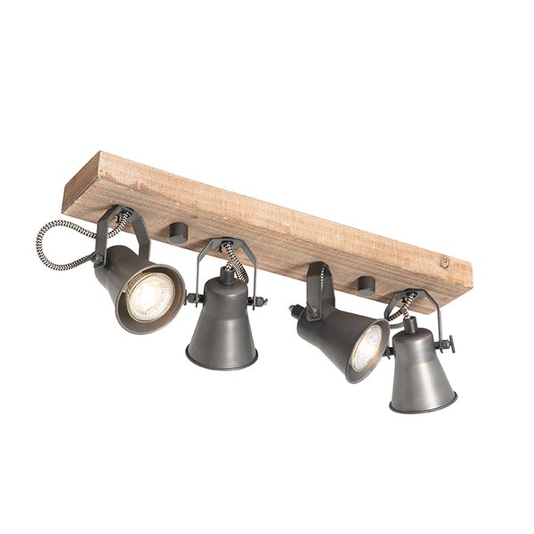 Deckenleuchte mit vier Strahlern und Holzbrett