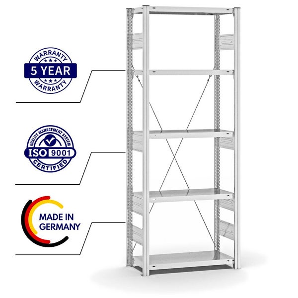 PROREGAL Fachbodenregal Stecksystem T-Profil Heavy-Duty Grundregal HxBxT 200 x 75 x 30 cm 5 Ebenen Fachlast 300 kg Einseitig Nutzbar Lichtgrau
