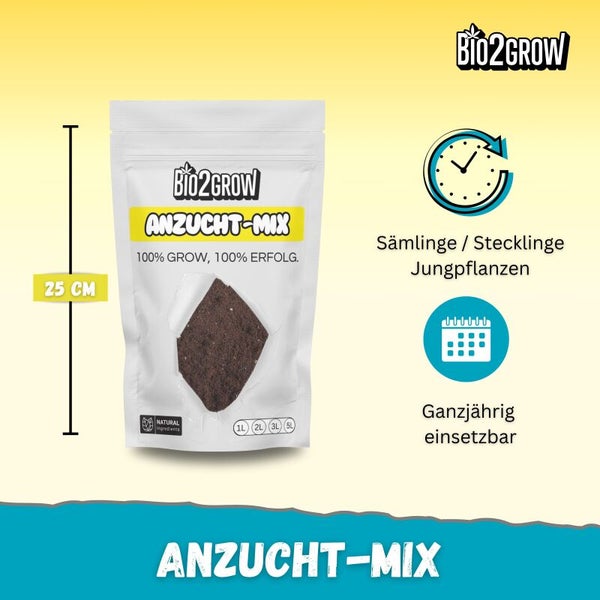 Bio2Grow Anzucht-Mix in einer 25 Zentimeter hohen Verpackung für Sämlinge, Stecklinge und Jungpflanzen, ganzjährig einsetzbar