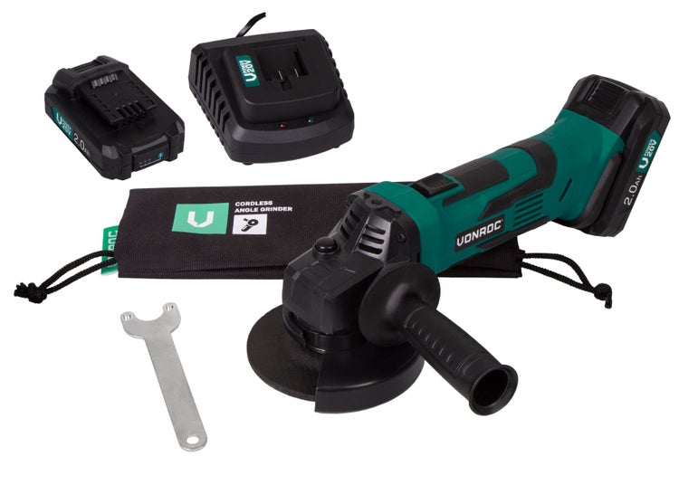 Winkelschleifer 20V - 115mm - Komplettset mit 2x 2.0Ah Akku, Schnellladegerät, Seitengriff und Aufbewahrungstasche