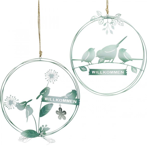 Zwei dekorative Willkommen-Schilder mit Vogelmotiven und floralen Elementen