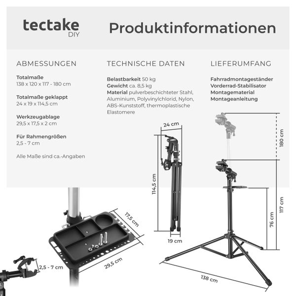 Fahrradmontageständer tectake Tristan inklusive Vorderrad-Stabilisator und magnetischer Werkzeugablage Belastbarkeit 50 kg, klappbar mit Schnellverschlüssen schwarz