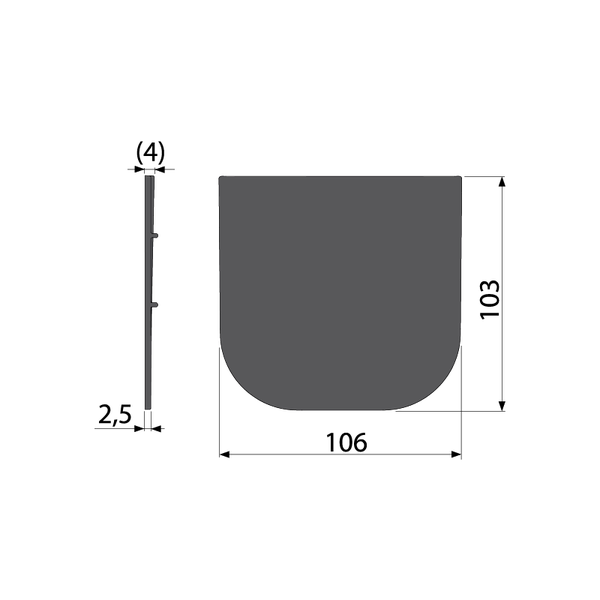 Technische Zeichnung eines abgerundeten Teils, Breite 106 Millimeter, Höhe 103 Millimeter, Profilstärke 2,5 Millimeter.