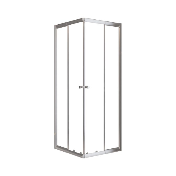 Quadratische Eck-Duschkabine mit Schiebetüren, silberfarbenem Rahmen und transparentem Glas.