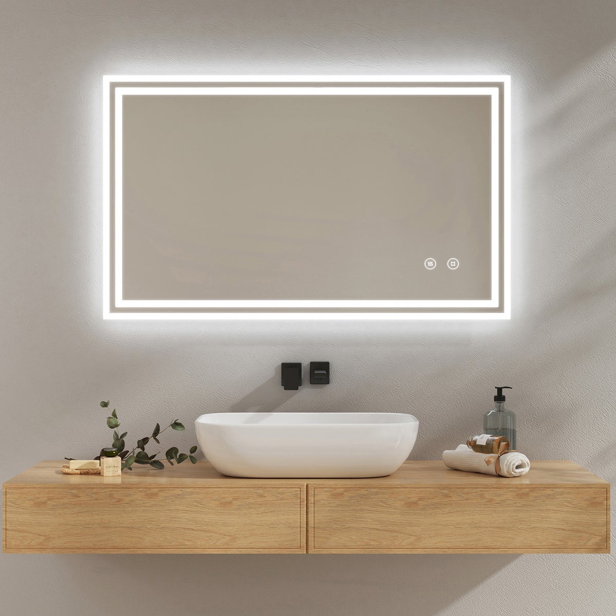 EMKE Badspiegel mit Touch 6500K LED-Beleuchtung eckig, Beschlagfrei, Helligkeit Einstellbar, Memory-Funktion, Horizontal&Vertical 100 x 60 cm