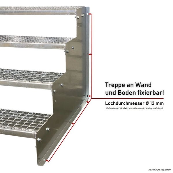 Metalltreppe mit Gitterroststufen, an Wand und Boden fixierbar, Lochdurchmesser 12 Millimeter.