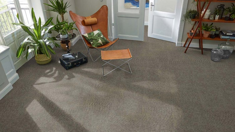 Helles Wohnzimmer mit strukturierten braunen Teppichfliesen, einem ledernen Butterfly-Sessel, grünen Zimmerpflanzen und einem Holzregal.